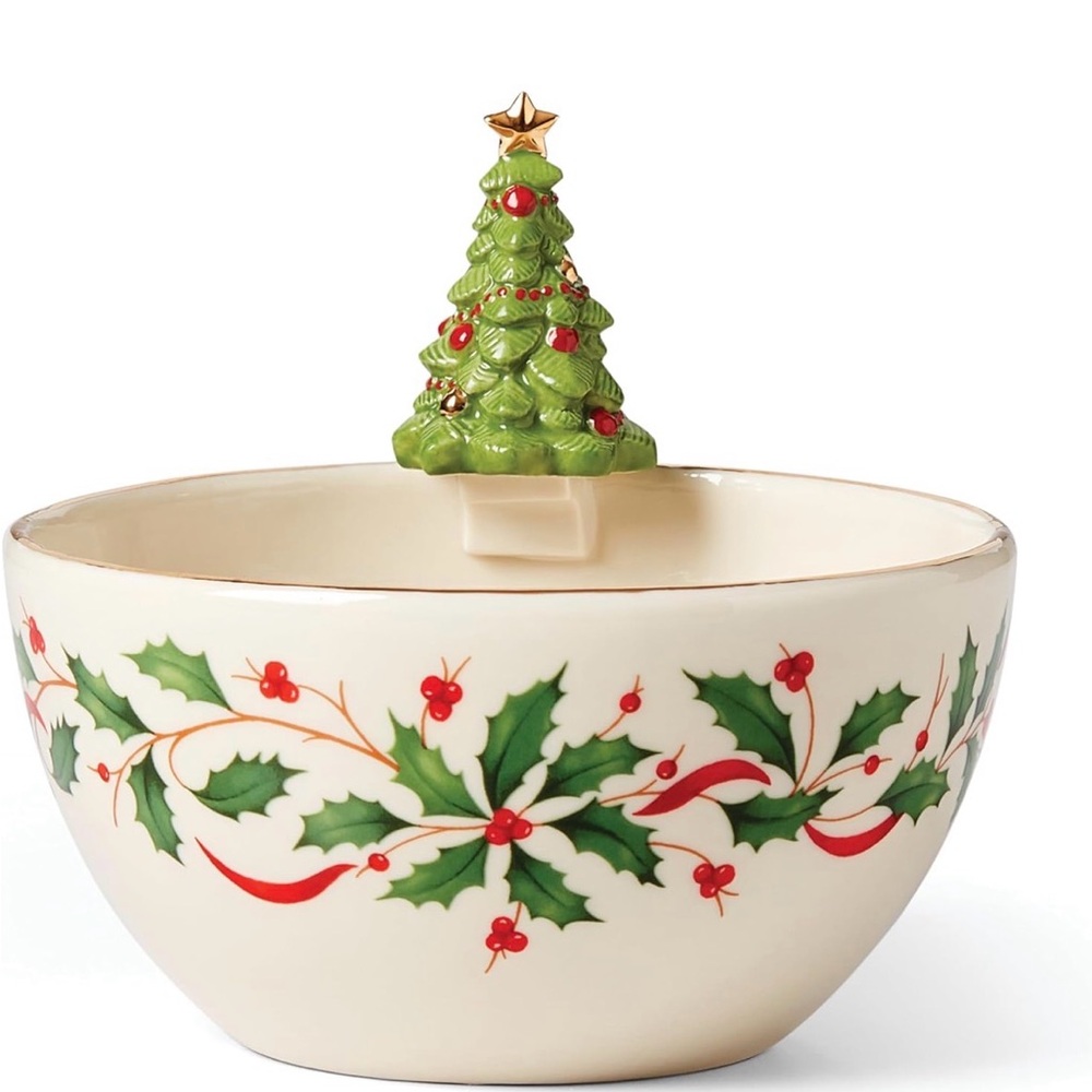 Lenox Cream Holiday Serving Bowl with Green Tree Lid and Red Berry Trim